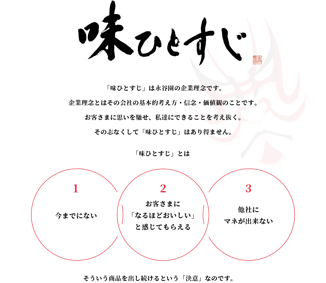 味ひとすじ　「味ひとすじ」は永谷園の企業理念です。企業理念とはその会社の基本的考え方・信念・価値観のことです。お客さまに思いを馳せ、私達にできることを考え抜く。その志なくして「味ひとすじ」はあり得ません。①今までにない　②お客さまに「なるほどおいしい」と感じてもらえる　③他社にマネが出来ない　そういう商品を出し続けるという「決意」なのです。