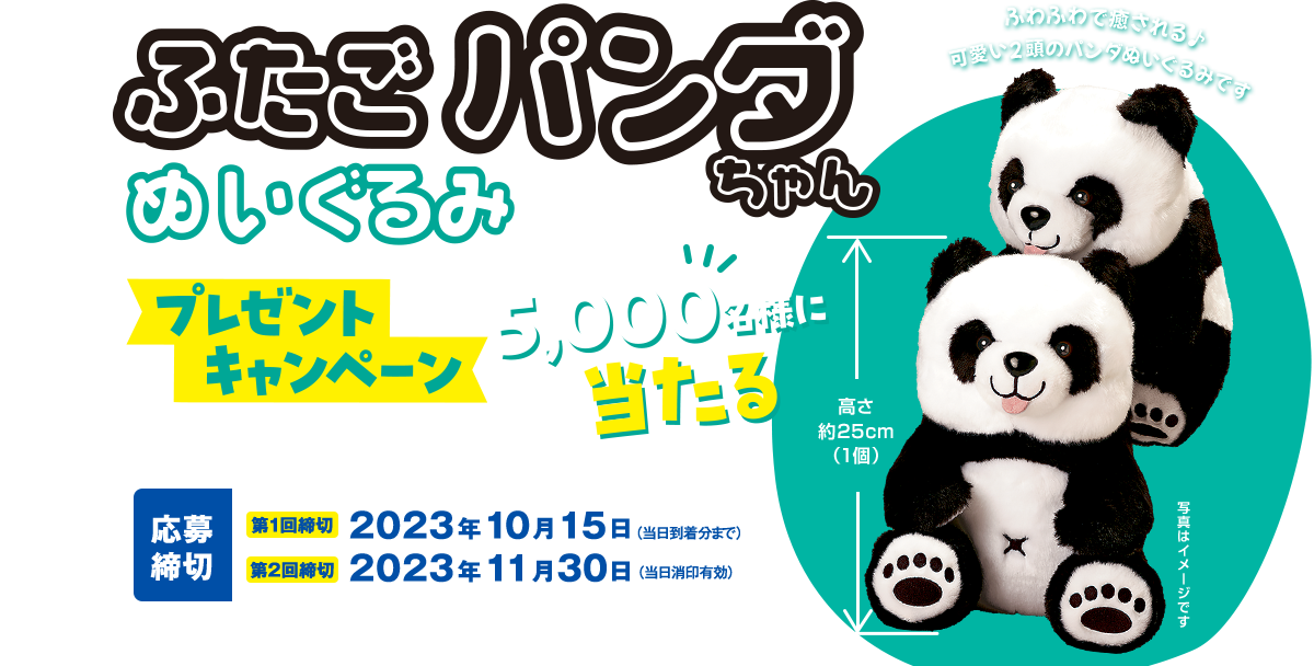 ふたごパンダちゃん　ぬいぐるみ　プレゼントキャンペーン　5,000名様に当たる　応募締切　第1回締切2023年10月15日（当日到着分まで）・第2回締切2023年11月30日（当日消印有効）