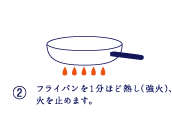 フライパンを1分ほど熱し（強火）、火を止めます。