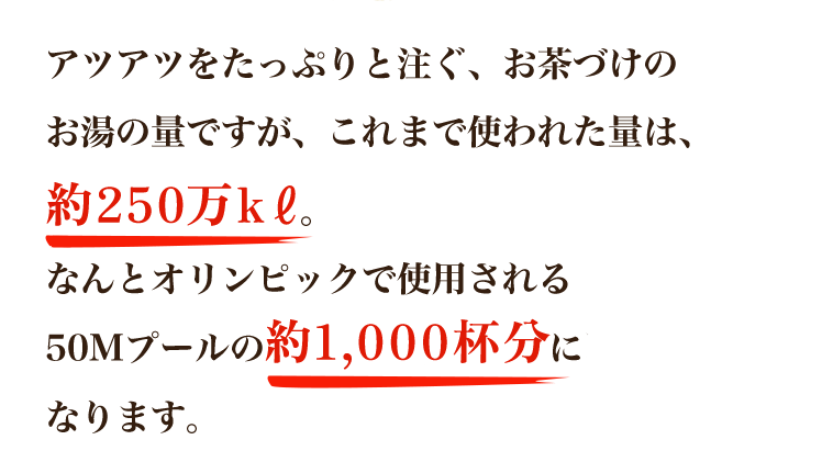 アツアツをたっぷりと注ぐ、お茶づけのお湯の量ですが、これまで使われた量は、240万kℓ以上。なんとオリンピックで使用される50Mプールの約960杯分以上になります。